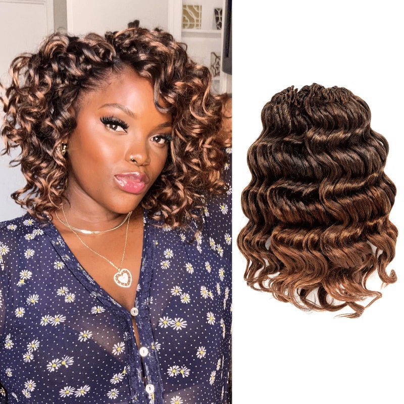 ToyoTree Ocean Wave Crochet Hair  9 Inch 8 Packs Ombre Brown Short Curly Deep Wave Crochet Hair Synthetic Ocean Wave Braiding Hair Extensions 9 InchT308P